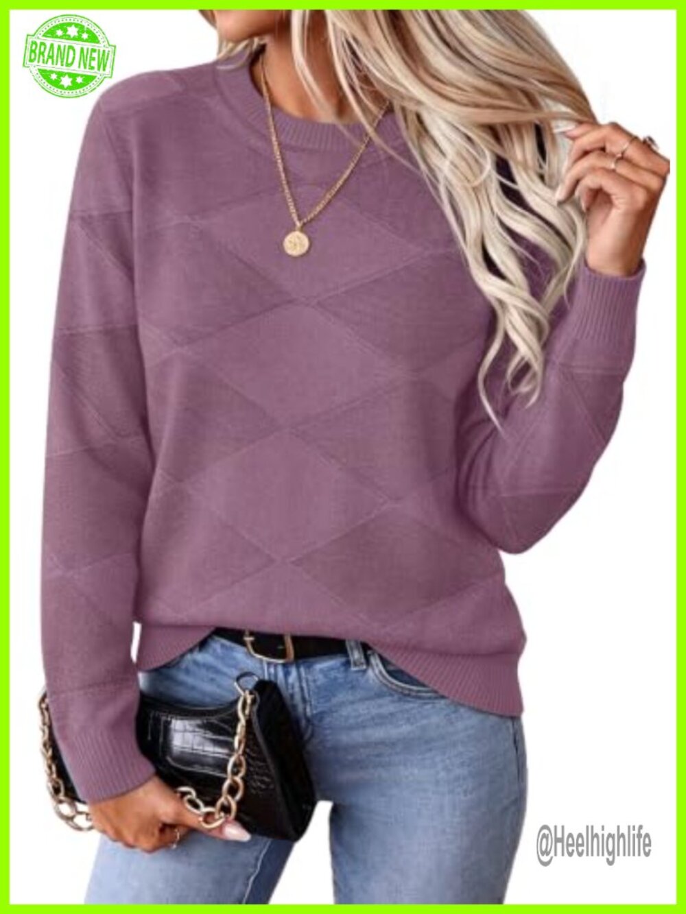Womens Crewneck Pullover Sweater Diamond Knit Long Sleeve Fall Top